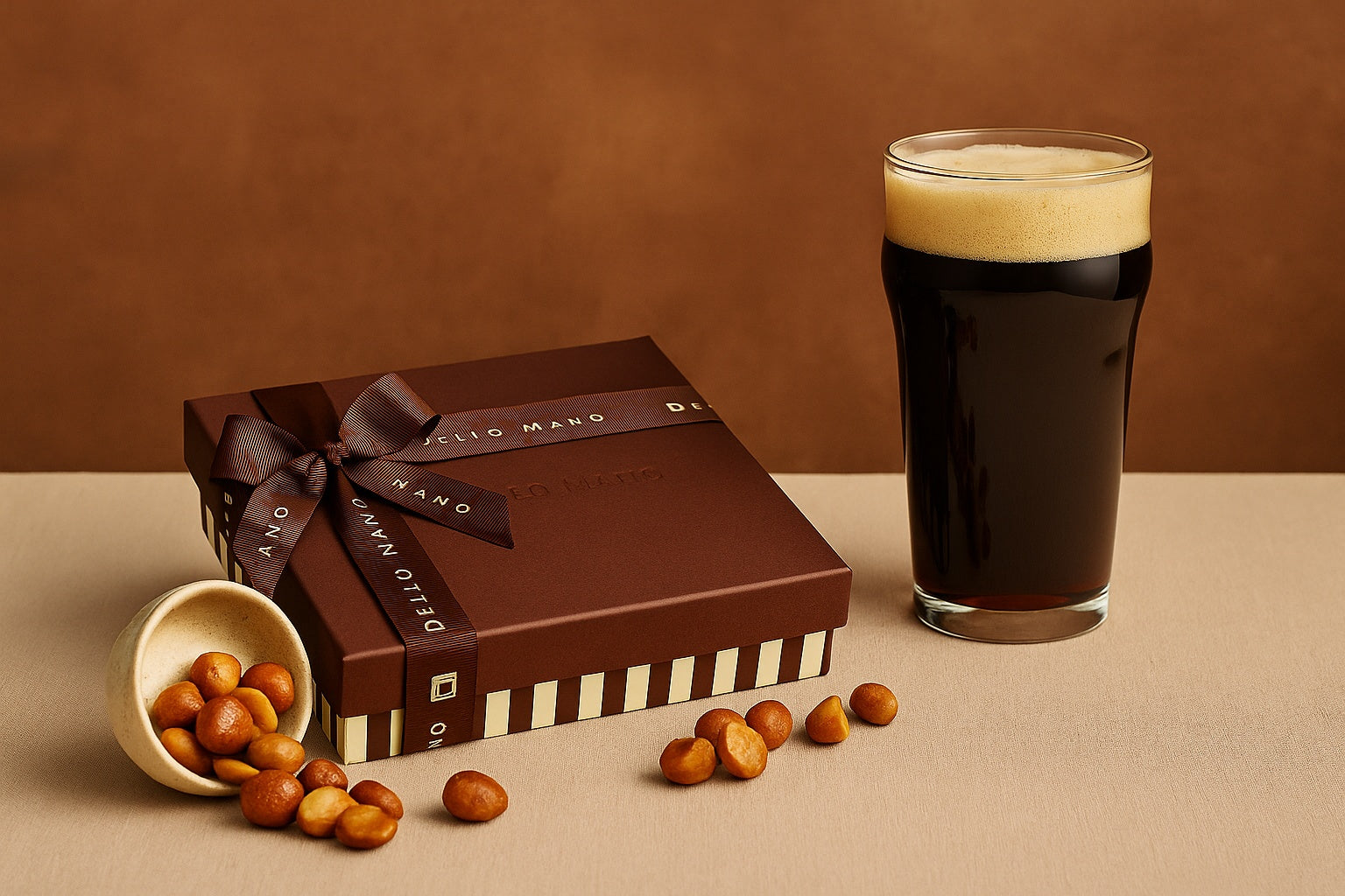 Dello Mano Brownies & Beer Hamper with striped gift box tied in brown grosgrain ribbon, glass of dark ale, and caramelised macadamia nuts spilling from a ceramic saucer on a linen table with warm textured background.