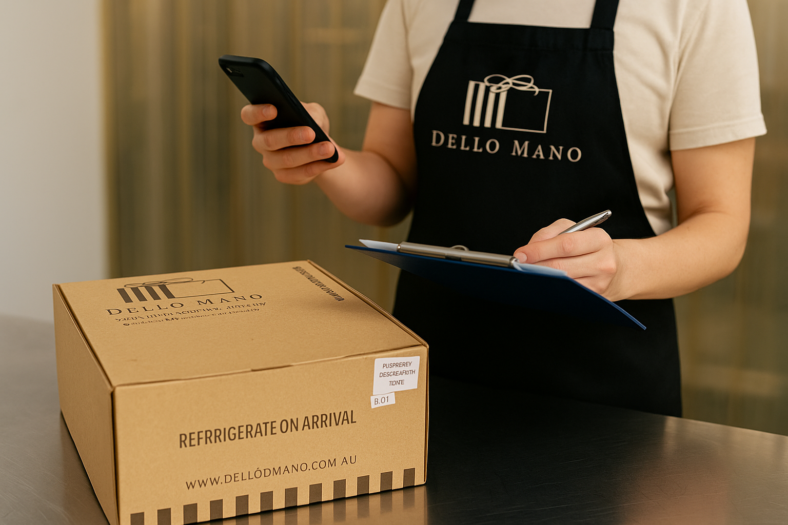 Dello Mano team member in branded apron preparing a Sunshine Coast cake delivery order with cake box, clipboard, and phone in a Brisbane kitchen.