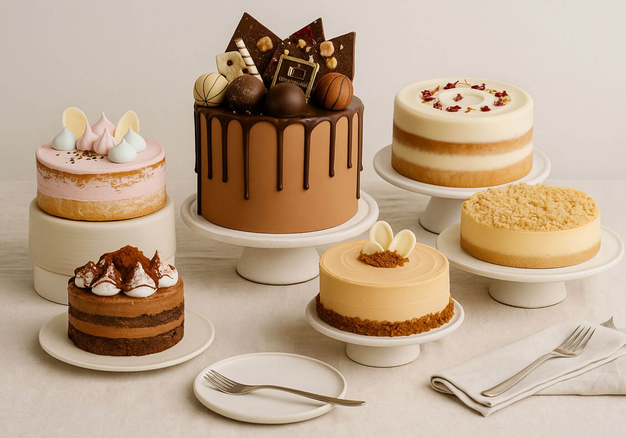 Luxury cake collection, handmade in Brisbane - chocolate drip cake, mousse cakes, cheesecakes and layered celebration cakes. Perfect for cake delivery Brisbane