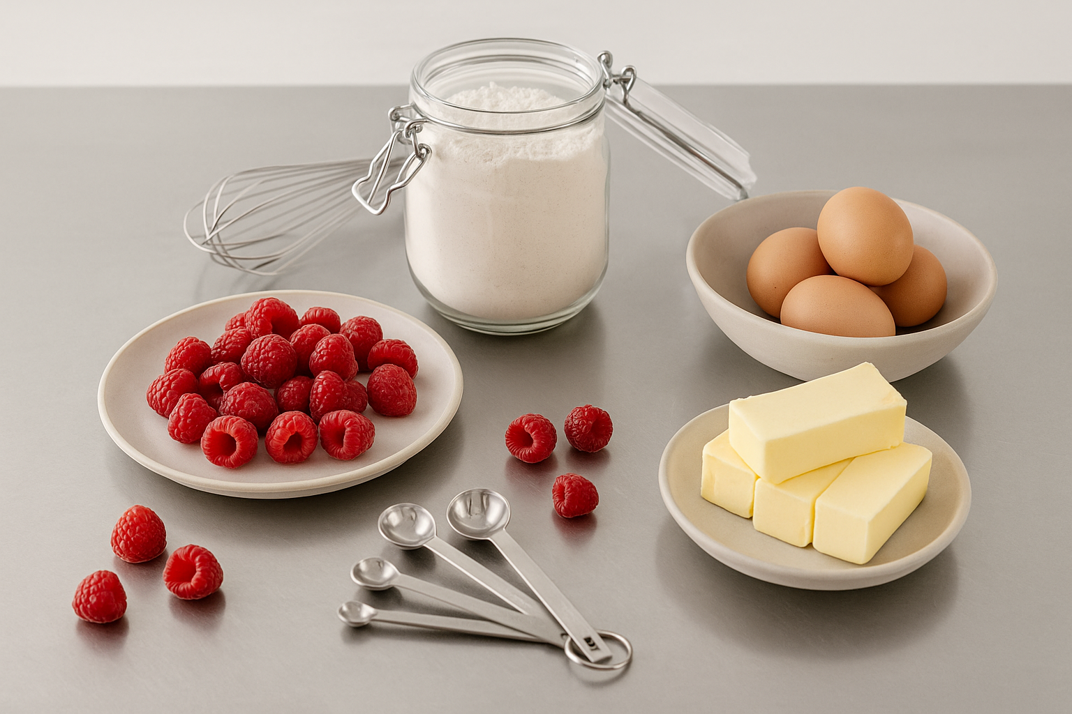 Ingredients for baking including flour, eggs, butter, and raspberries on a gray surface.