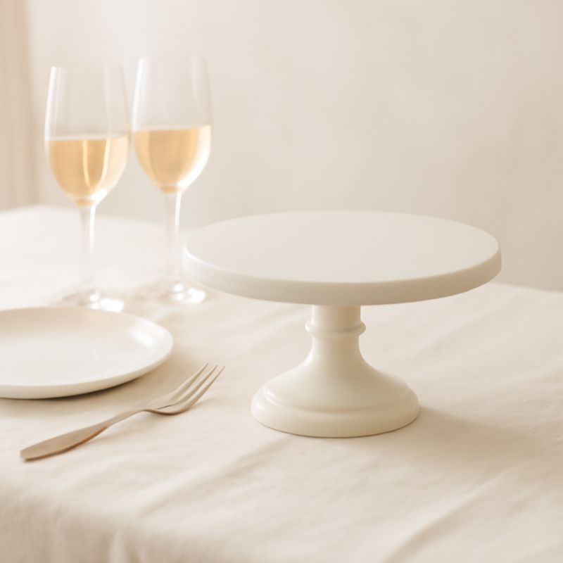 White cake stand on a table with two glasses of champagne and a plate.