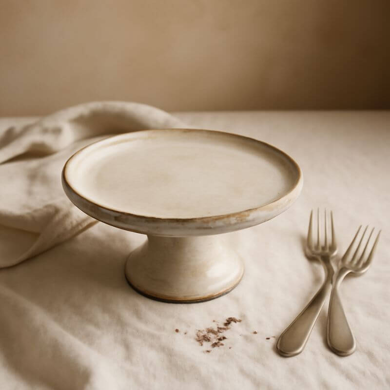 Ceramic cake stand on a textured surface with two forks and a cloth napkin.
