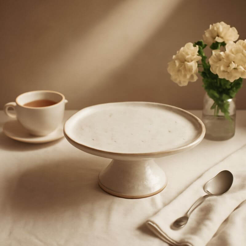 Ceramic cake stand on a table with a cup of tea, flowers, and cutlery.
