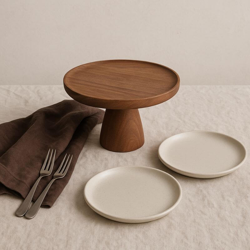 Wooden cake stand with ceramic plates and forks on a textured surface