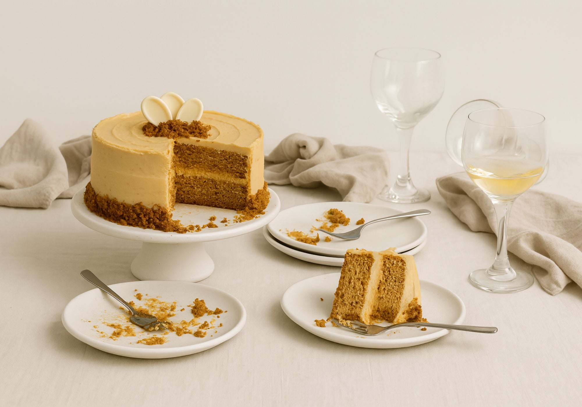 Layered caramel cake that serves 8 -10 people with a slice taken out, served on plates with glasses of white wine in the background.
