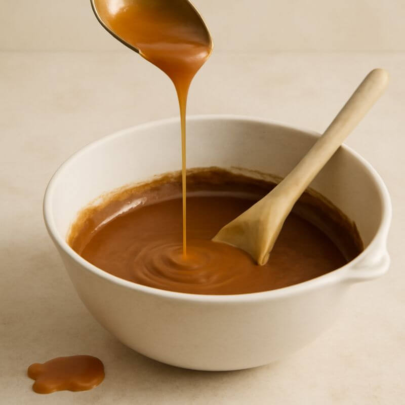 Caramel saucedrizzling into a white bowl with a wooden spoon.