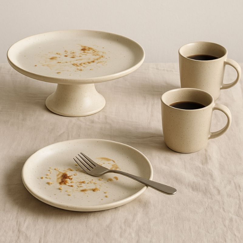 Two ceramic plates with salted caramel mudcake crumbs and two mugs with coffee on a beige linen cloth