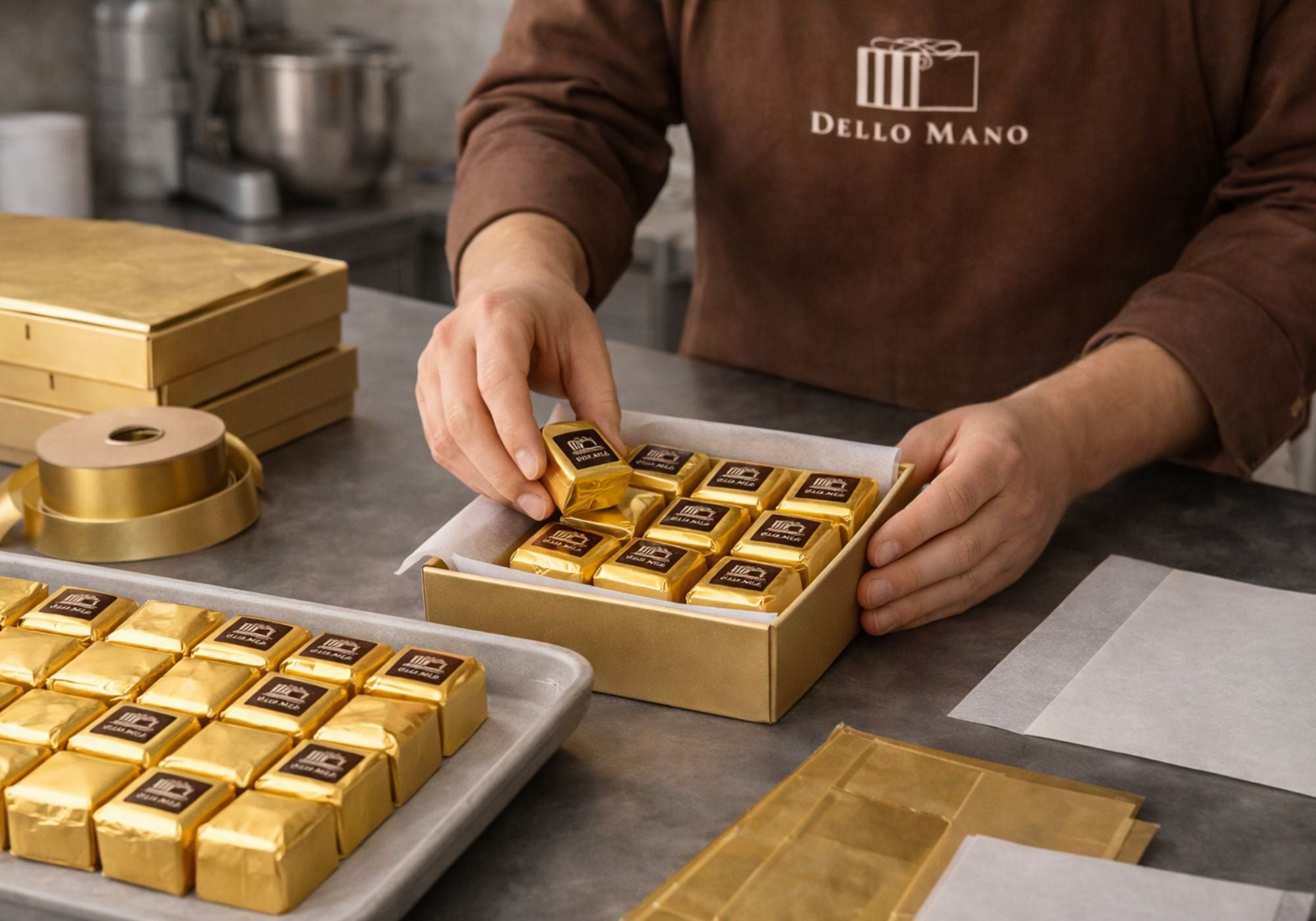 Hand placing gold-wrapped brownie cubes into a Dello Mano chocolate gift box in the Brisbane kitchen