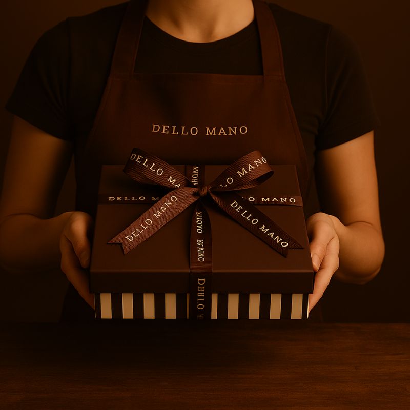 Person wearing a 'Dello Mano' apron holding a brownei gift box with a ribbon.