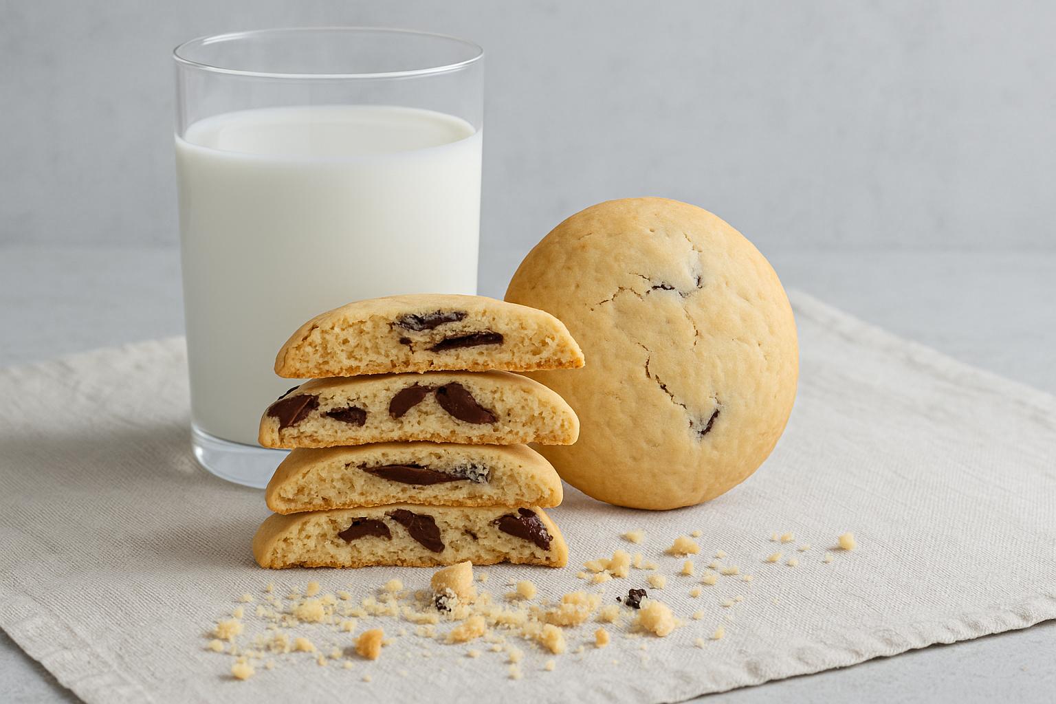 Chocolate chip shortbread cookies with glass of milk on linen cloth, handmade by Dello Mano.