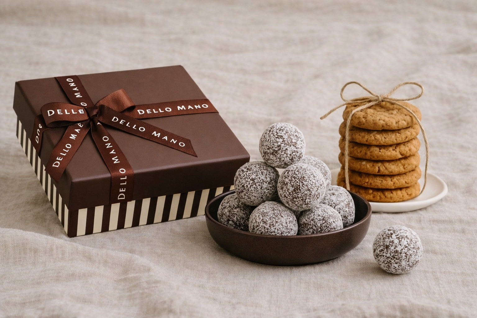 chocolate gift hampers Australia handmade brownies rum balls cookies gift box on linen