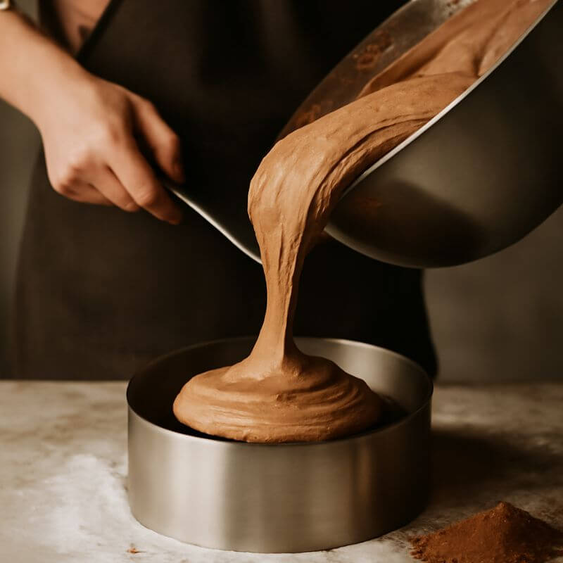 Gluten-Friendly Chocolate Mousse being poured into a round metal pan by a person wearing an apron.