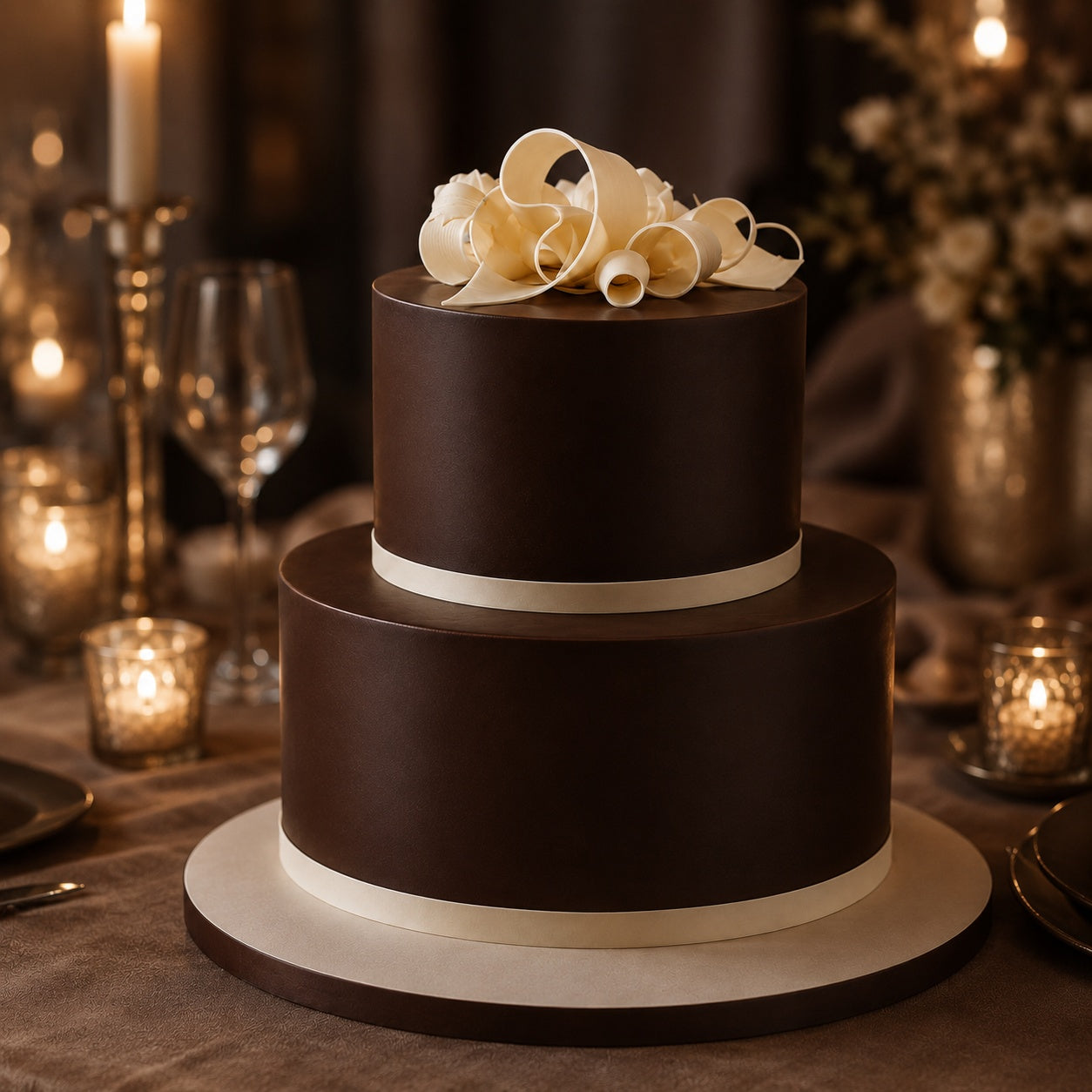 Two-tier dark chocolate wedding cake with smooth ganache, ivory ribbon bands and white chocolate curls, styled on a candlelit wedding table.