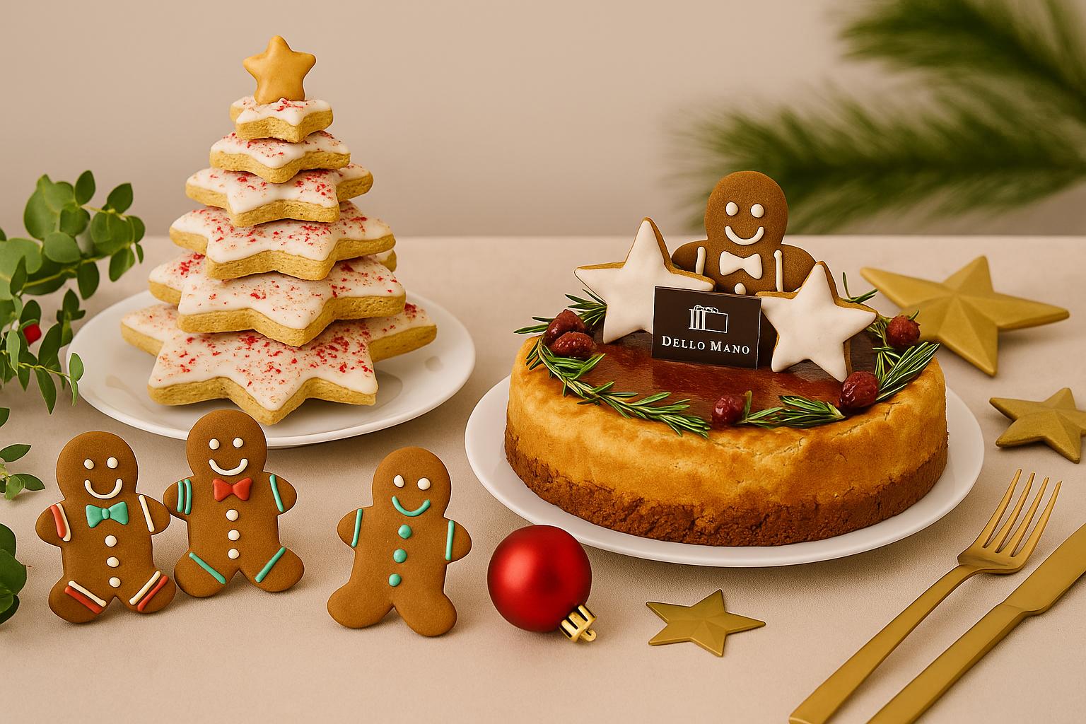 Dello Mano Christmas desserts on a festive table: gingerbread Christmas tree, Starstruck Gingerbread Cheesecake decorated with rosemary, cranberries and cookies, and gingerbread people, styled with gold stars and red baubles.