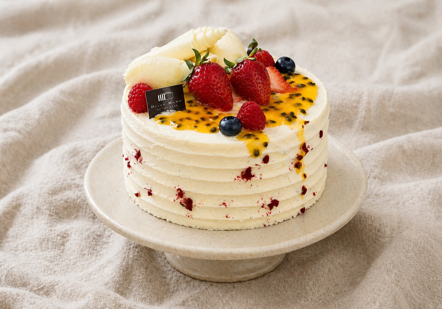 handmade corporate cake brisbane on linen background with clean professional presentation