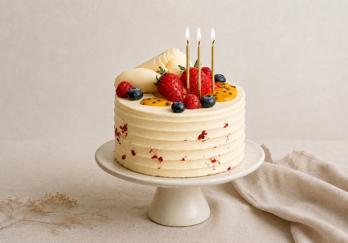 Dello Mano handmade birthday cake with gold candles for birthday cake delivery in Brisbane