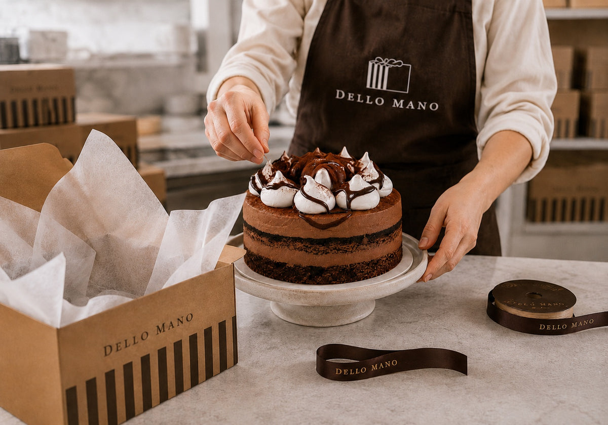 Dello Mano handmade chocolate birthday cake being prepared for birthday cake delivery