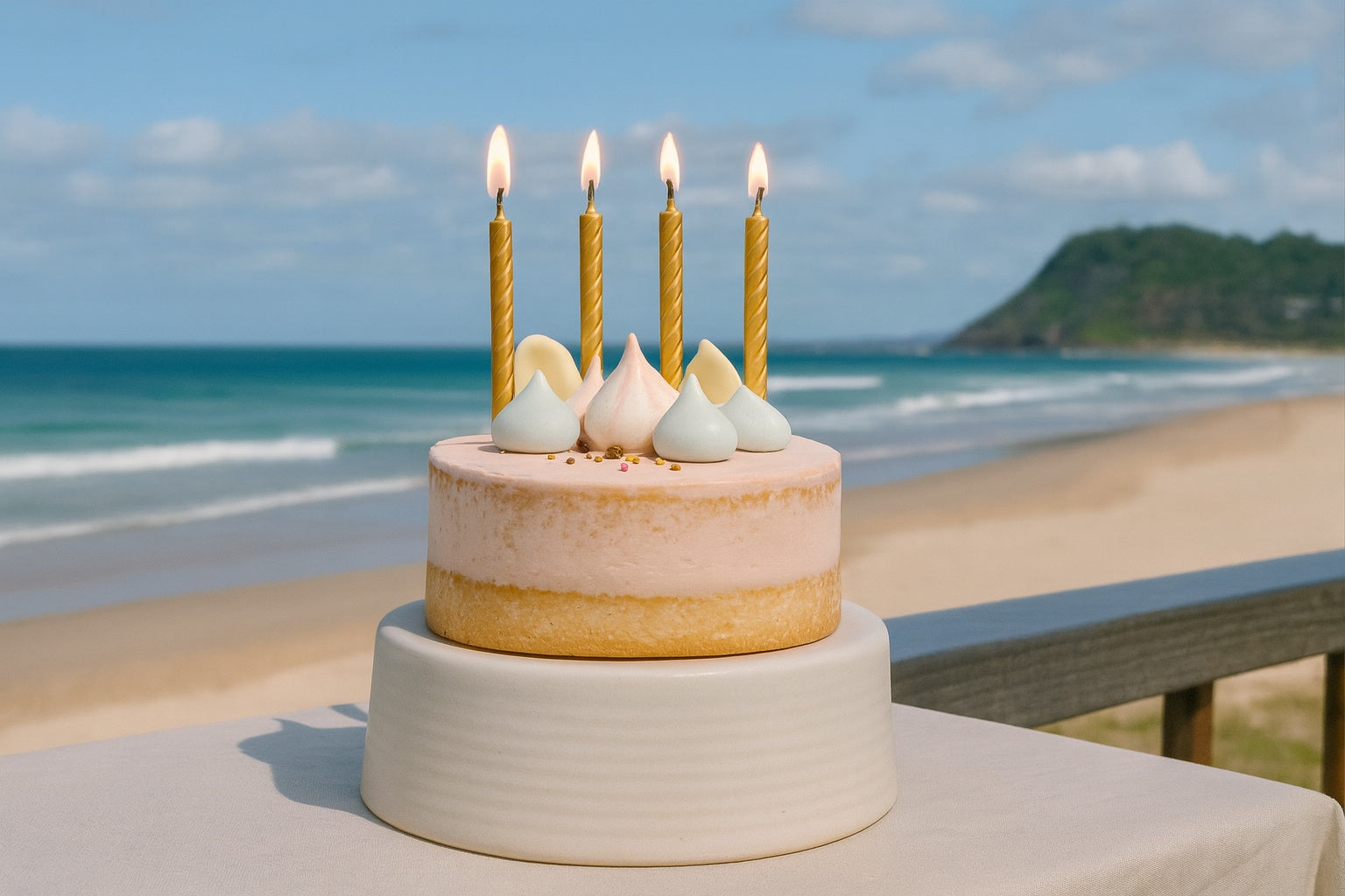 Handmade Dello Mano birthday cake with gold candles lit, styled on a ceramic stand overlooking Burleigh Heads beach on the Gold Coast, Queensland, luxury cake delivery for special occasions.