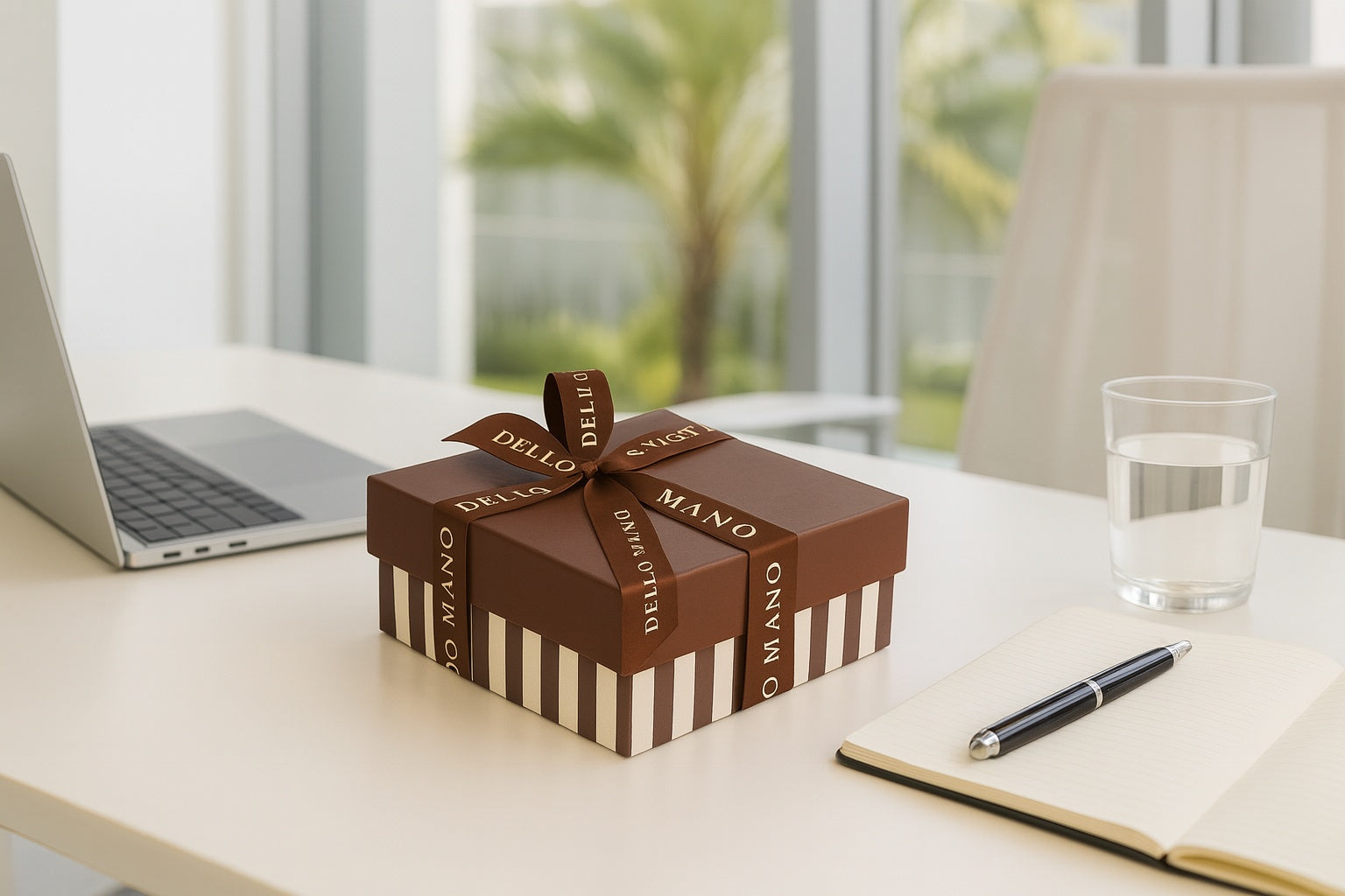 Luxury chocolate gift box on office desk with notebook and pen, corporate gifting presentation by Dello Mano