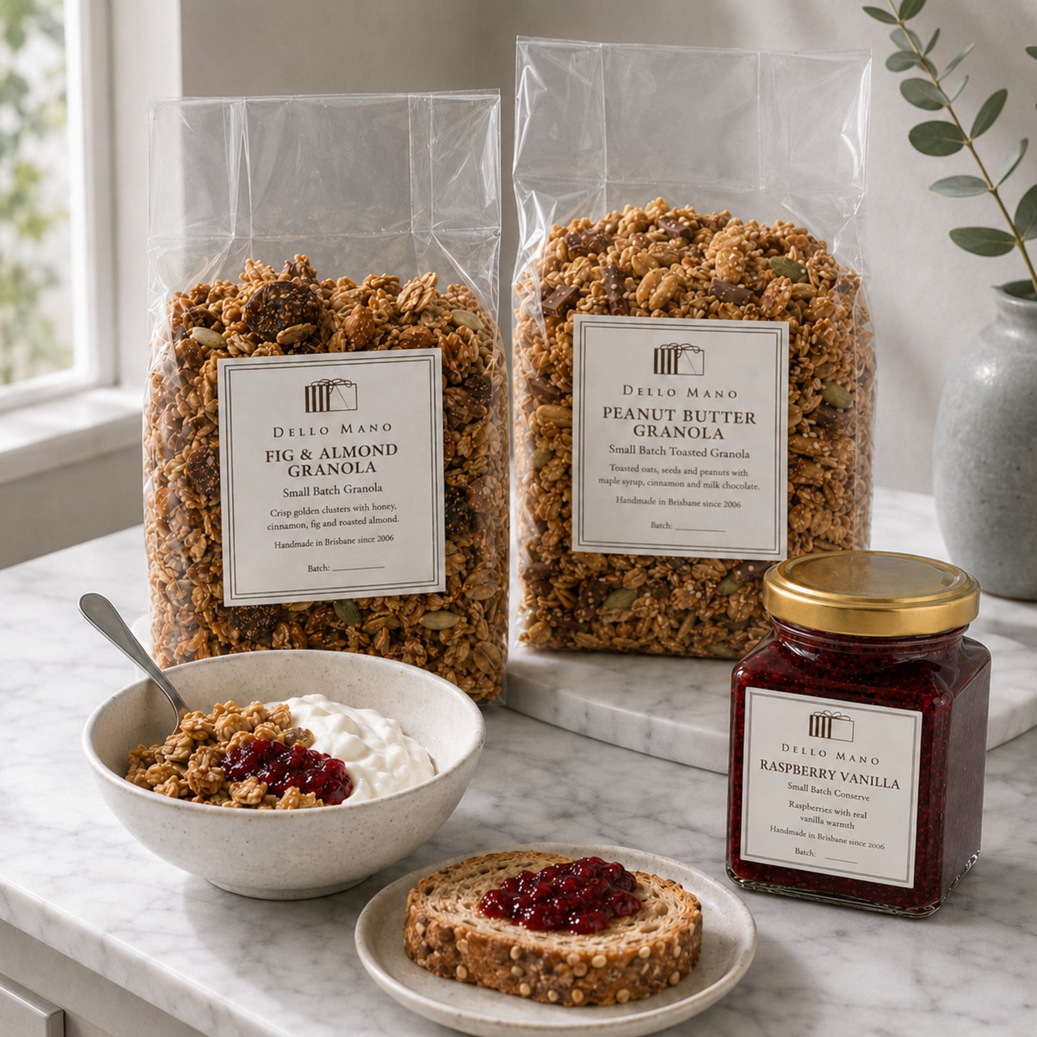 Dello Mano handmade granola and Raspberry Vanilla Conserve arranged for a thoughtful breakfast gift.