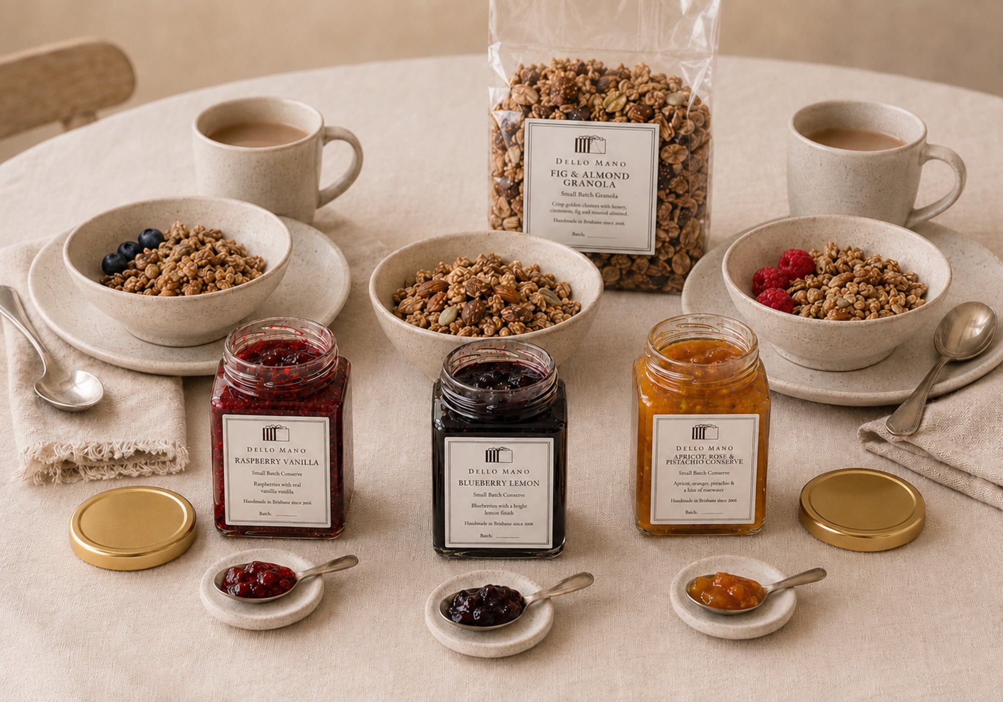 Dello Mano fruit preserves and Fig & Almond Granola arranged for a relaxed breakfast for two