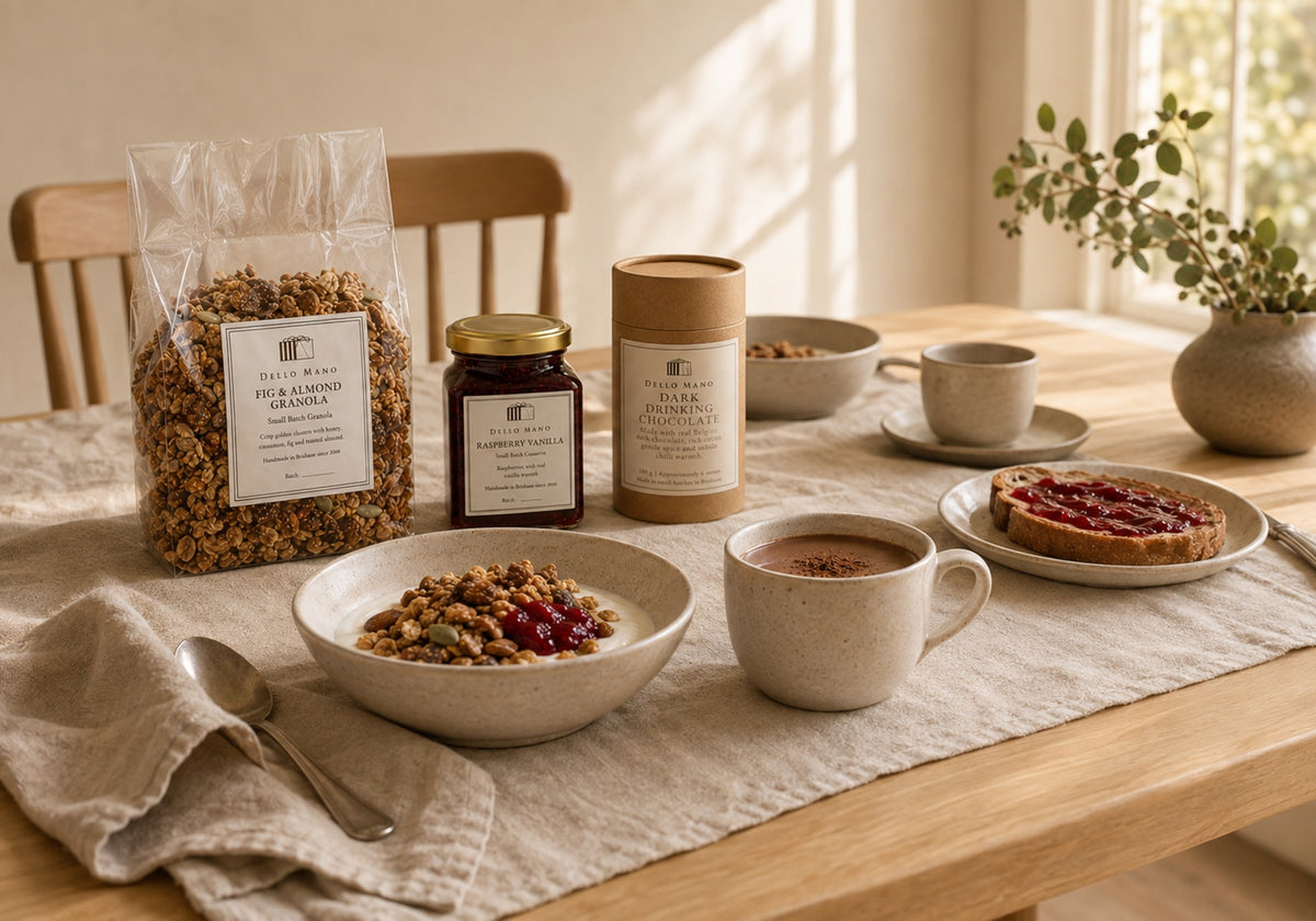Dello Mano handmade granola, Raspberry Vanilla Conserve and drinking chocolate arranged on a breakfast table.