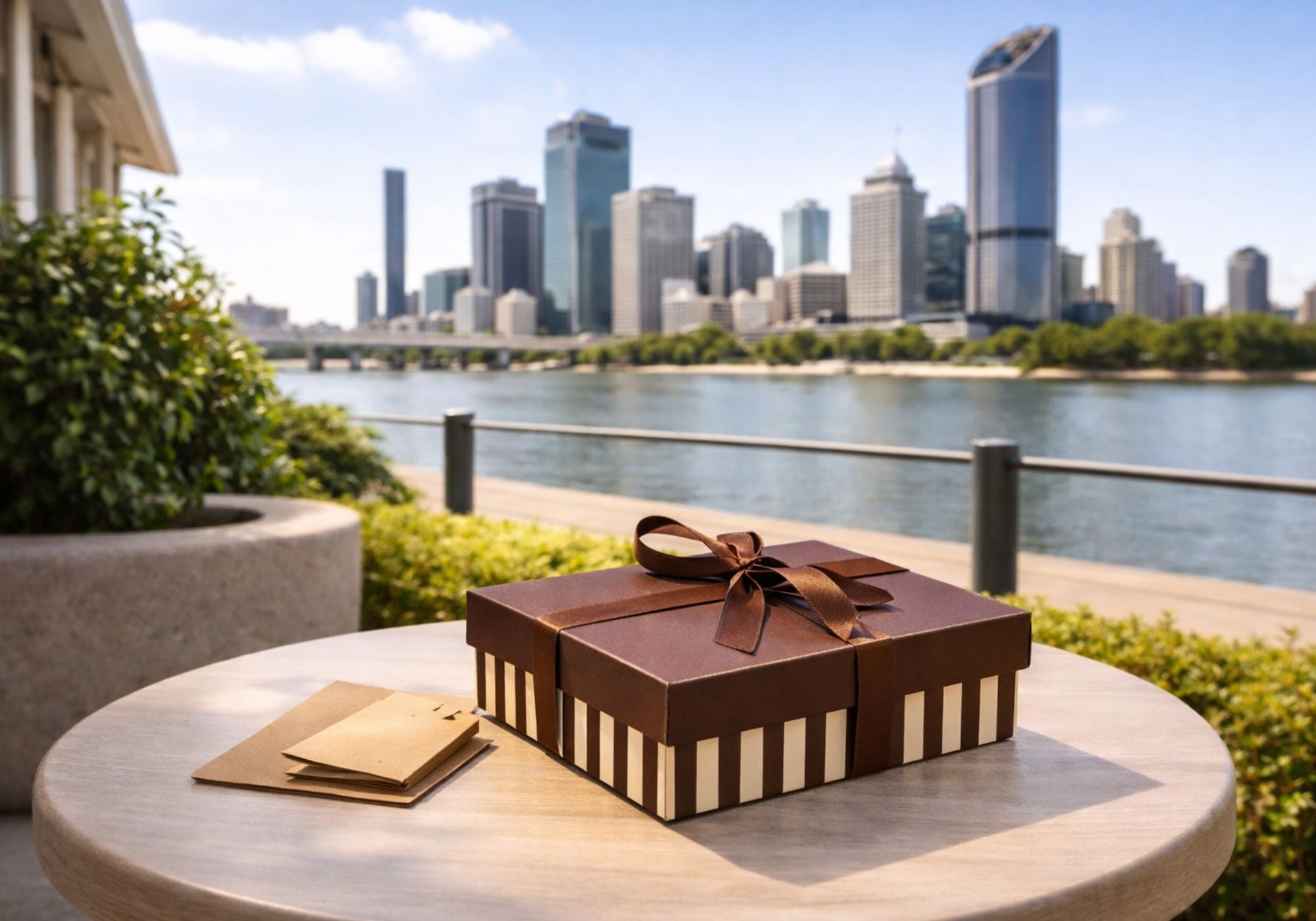 Dello Mano luxury handmade brownie gift box ready for brownie delivery across Brisbane with the Brisbane skyline behind.