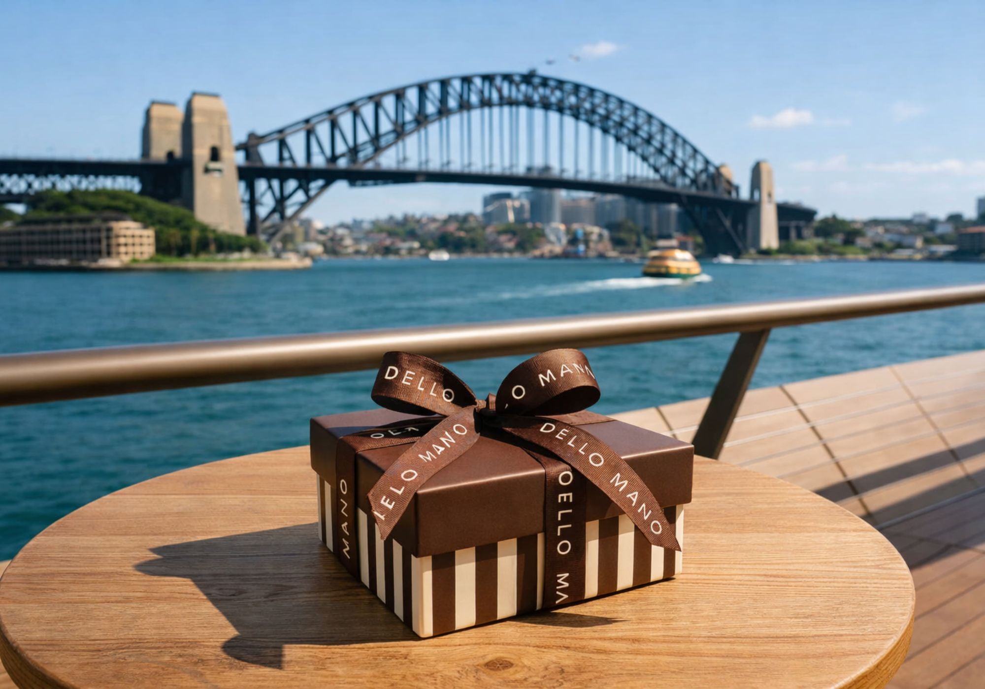 Dello Mano handmade brownie gift box on table at Sydney Harbour with the Harbour Bridge behind, representing brownie delivery Sydney.
