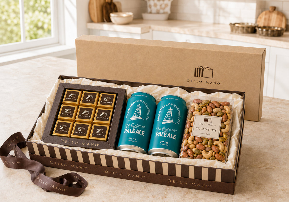 Open Dello Mano Brownies & Beer Hamper with nine Classic brownies, two Green Beacon Pale Ales and spiced nuts on a bright kitchen bench.