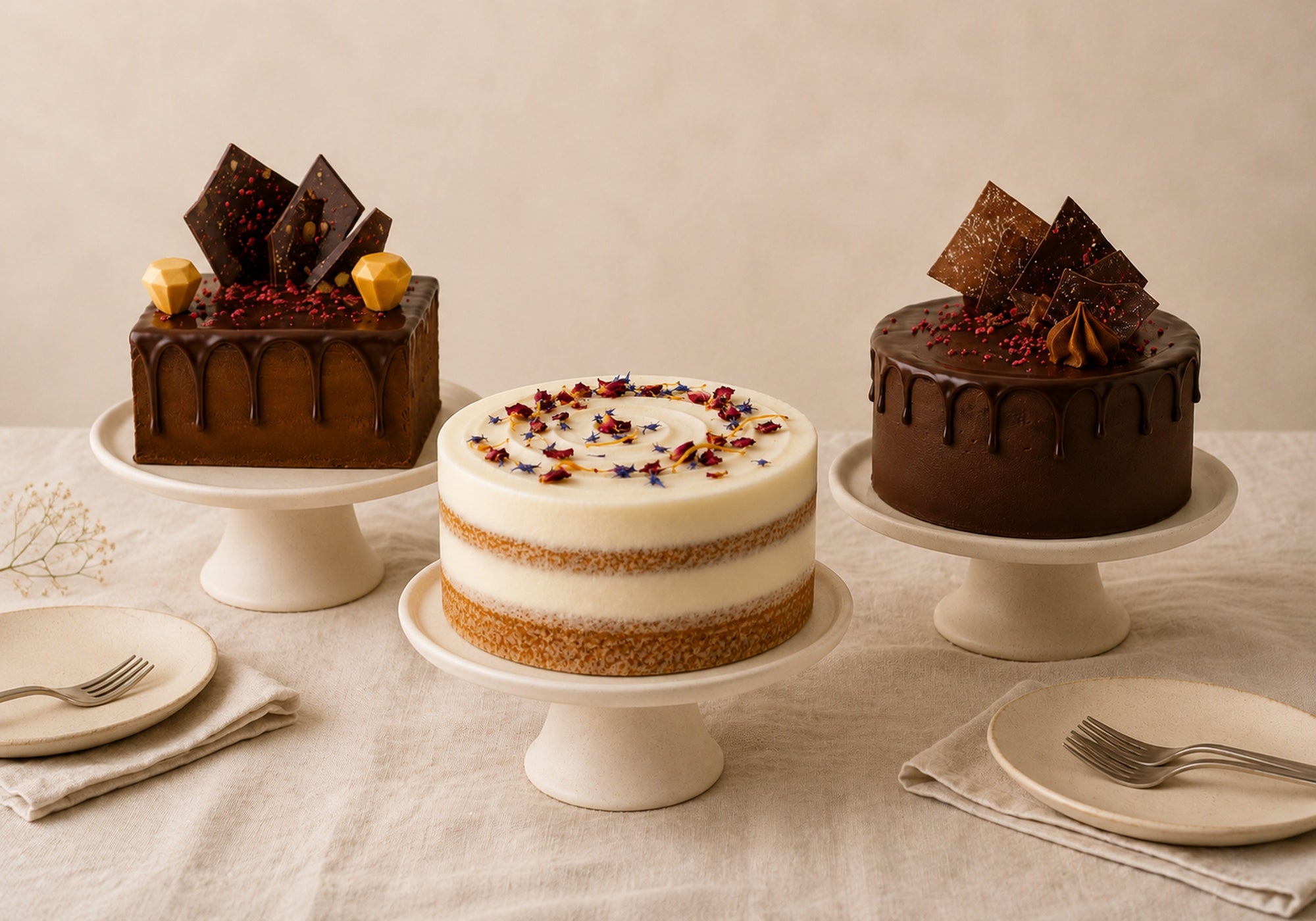 Gluten-friendly Dello Mano cake collection featuring chocolate and lightly frosted cakes displayed on ceramic cake stands in a calm neutral setting.