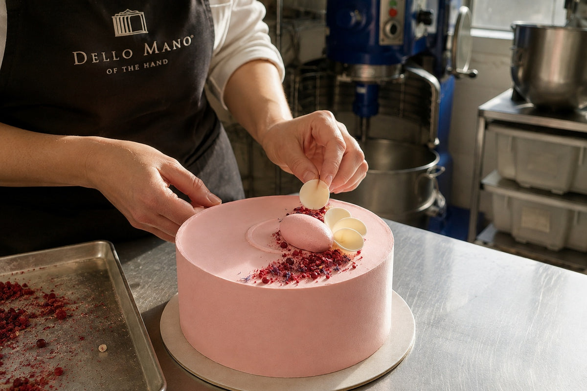 Dello Mano cake being finished by hand in the Brisbane kitchen