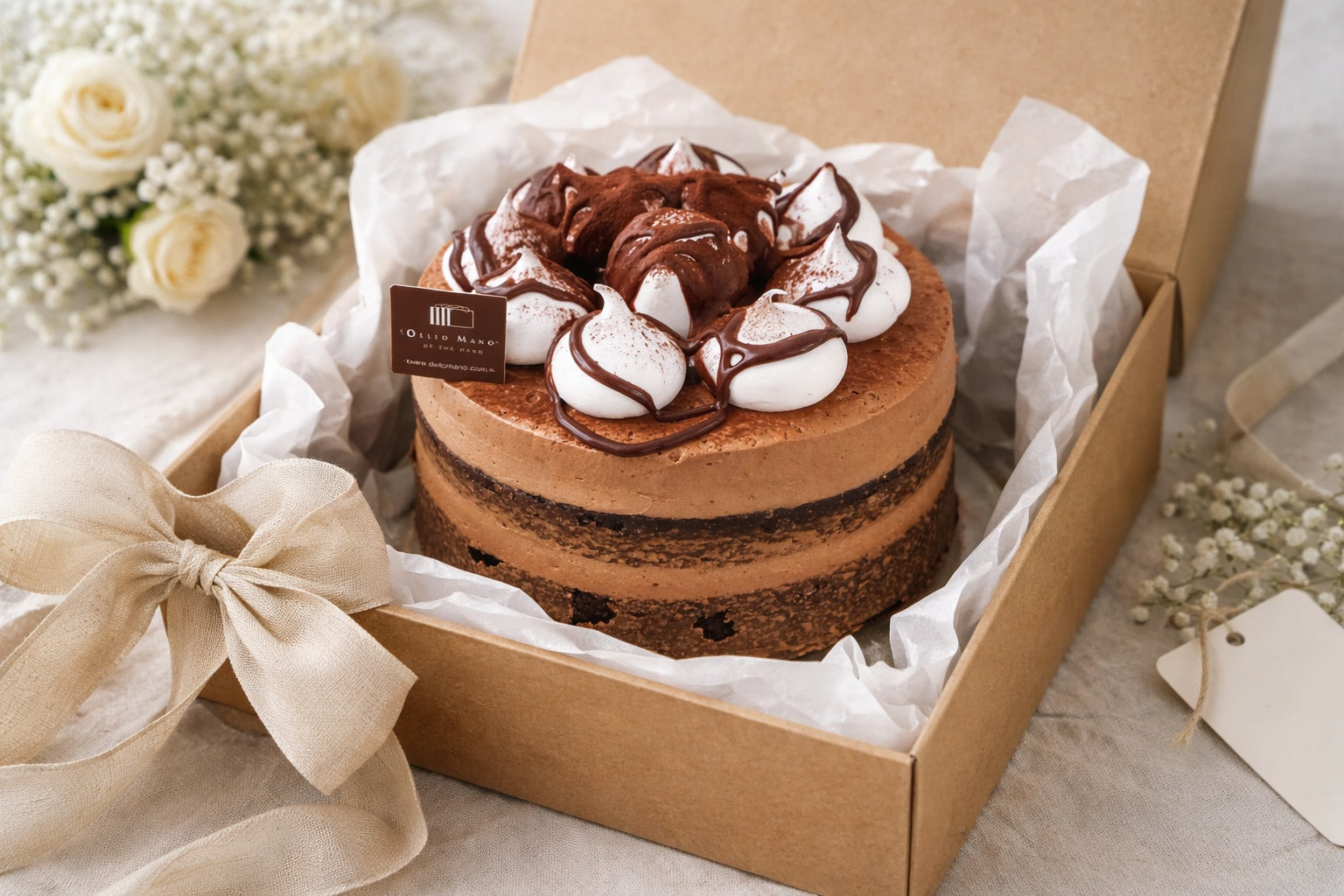 Handmade chocolate mousse cake packaged in a natural gift box ready for cake delivery or gifting – Dello Mano Brisbane