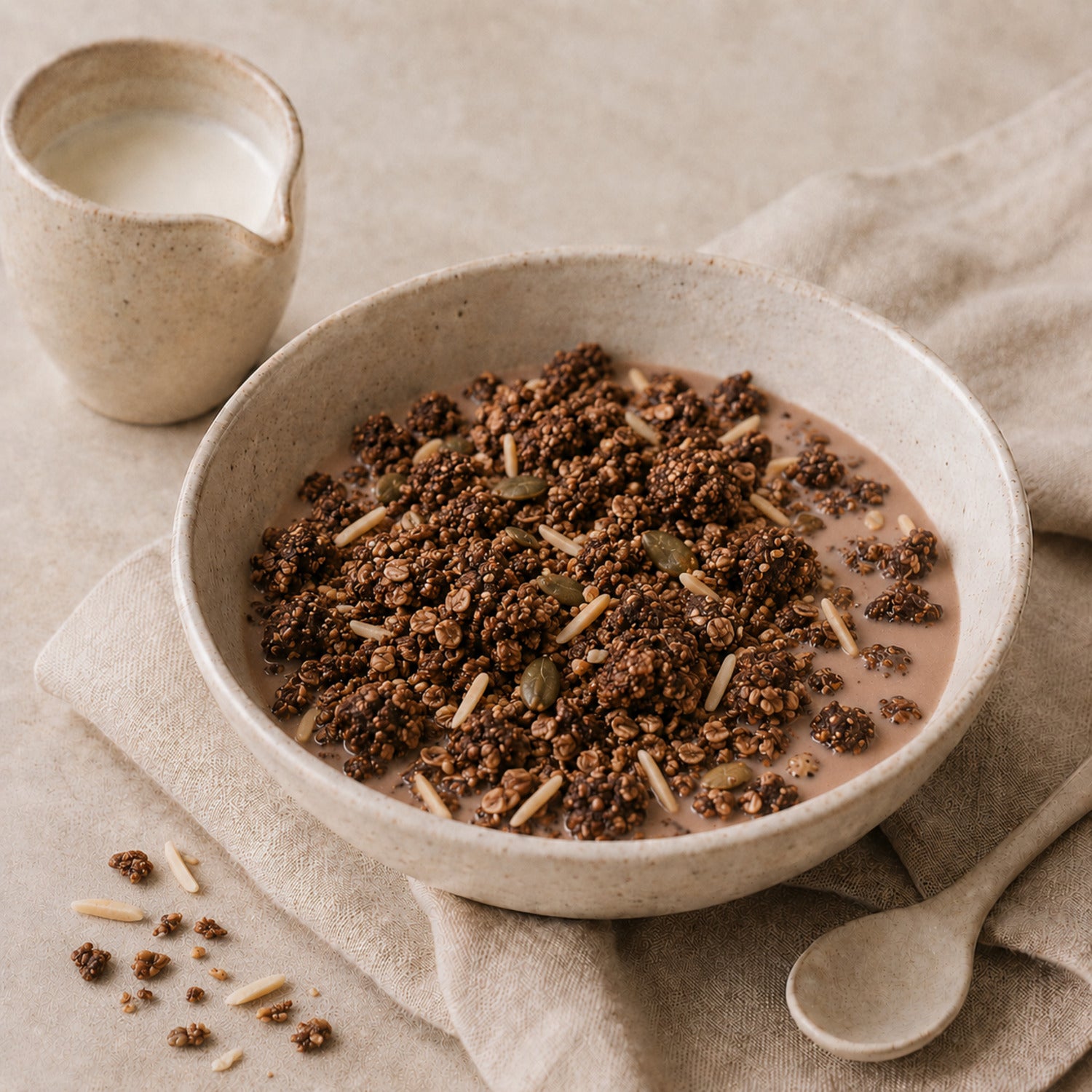 Dello Mano Chocolate & Cinnamon Granola with almond slivers and pepitas, served in a ceramic bowl with chocolate milk.