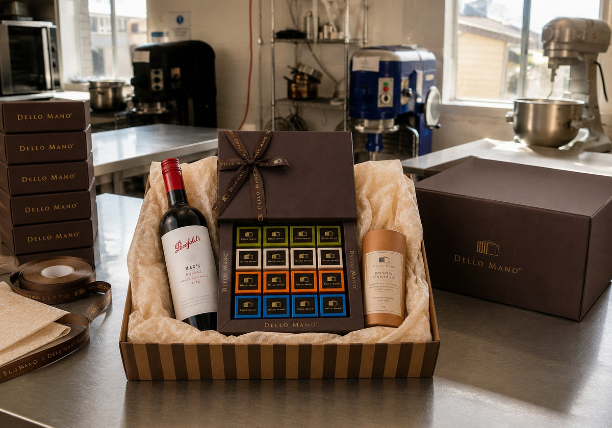 Dello Mano Chocolate Evening Hamper being packed in the Brisbane kitchen with Penfolds Max’s Shiraz, brownie gift box, drinking chocolate and cream tissue paper.