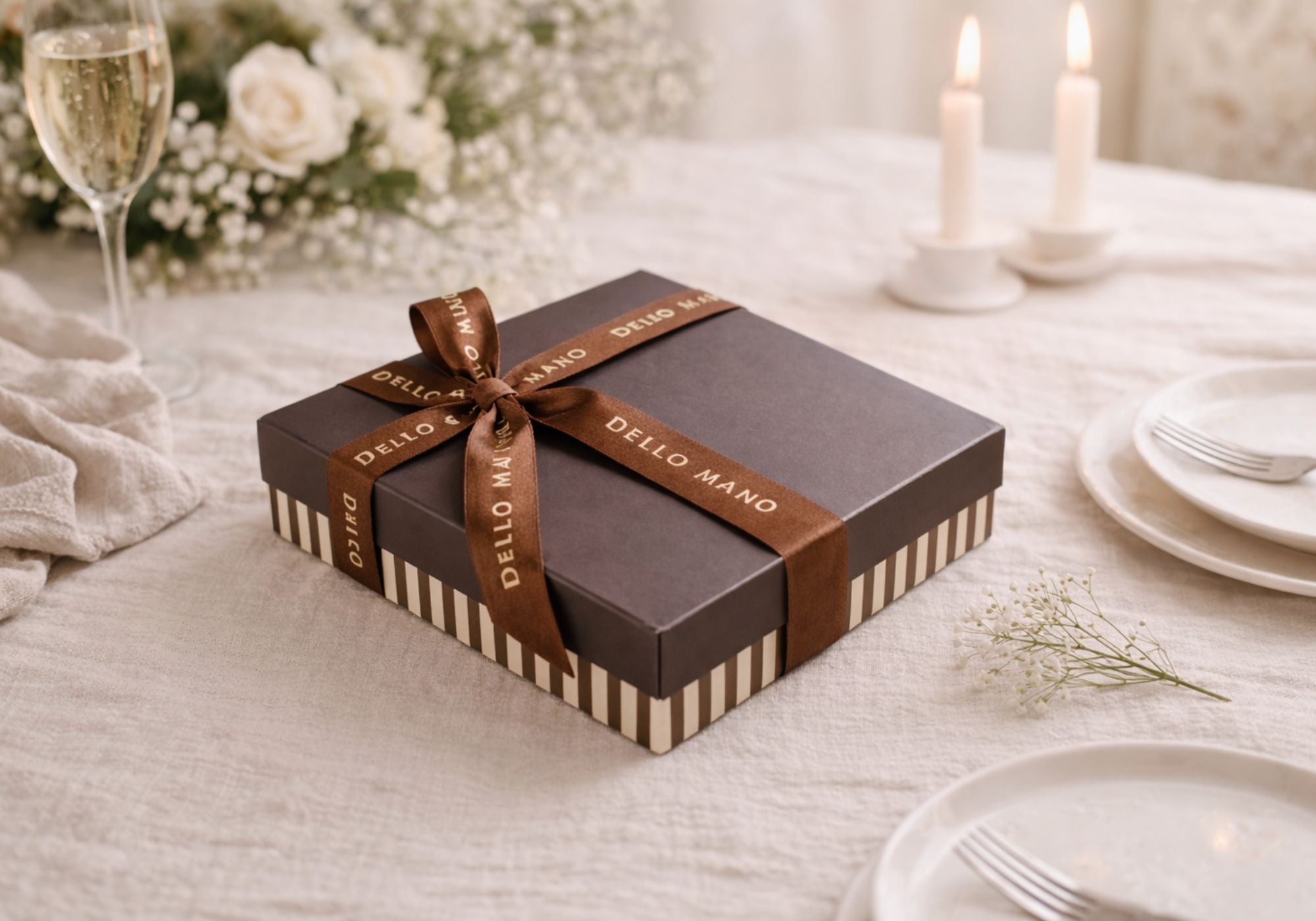Dello Mano chocolate gift box placed on a celebration table with candles and linen setting, luxury chocolate gift box ready for gifting in Australia.