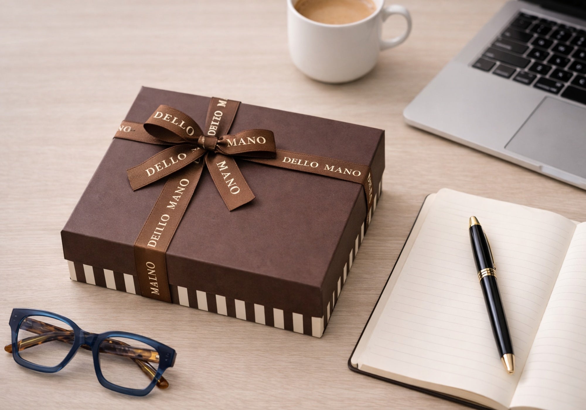 Dello Mano chocolate gift box styled on desk with notebook and laptop, suitable for corporate thank you gifting