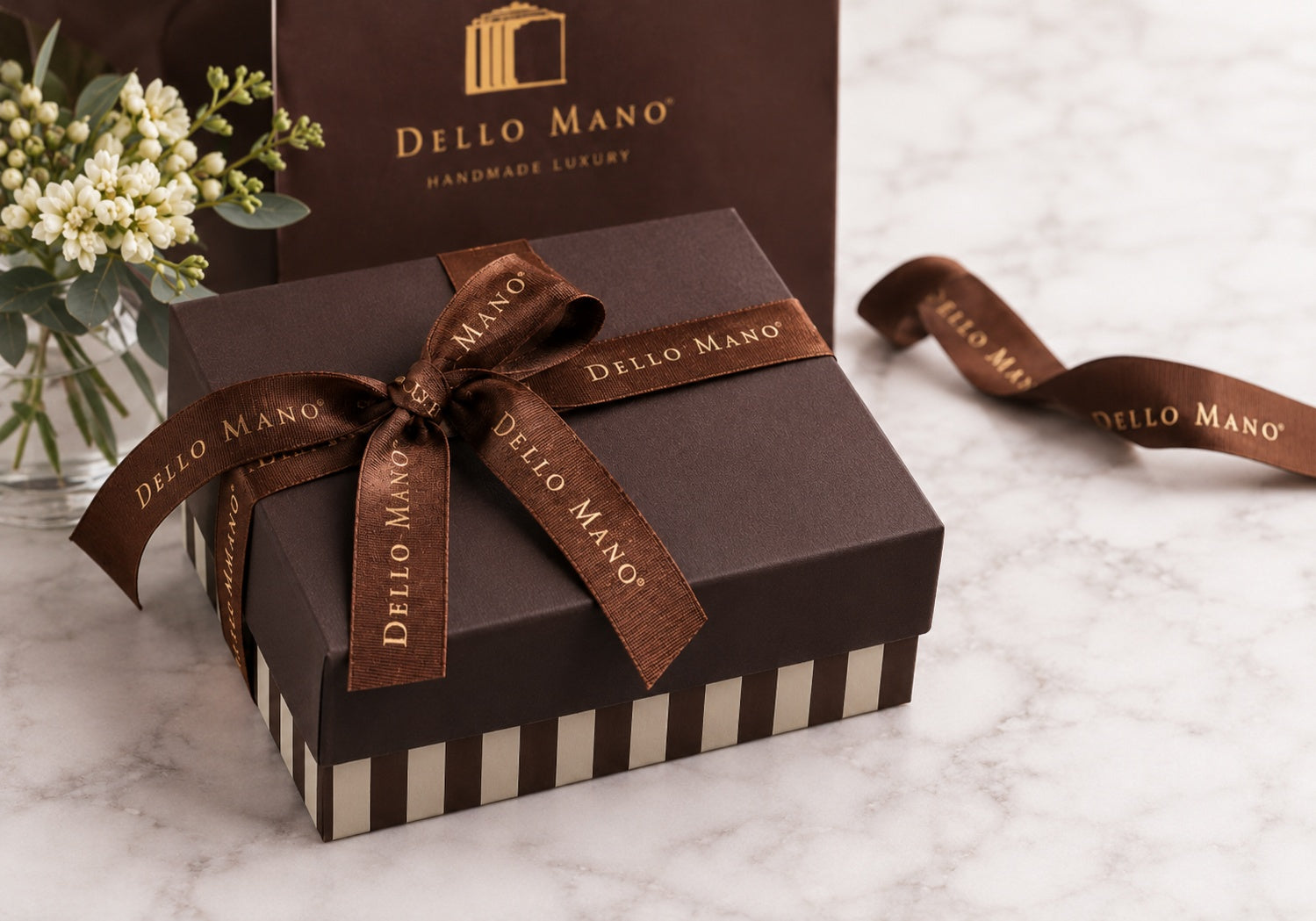 Dello Mano square chocolate gift box with striped base and gold-embossed brown ribbon, prepared for Australia-wide delivery.