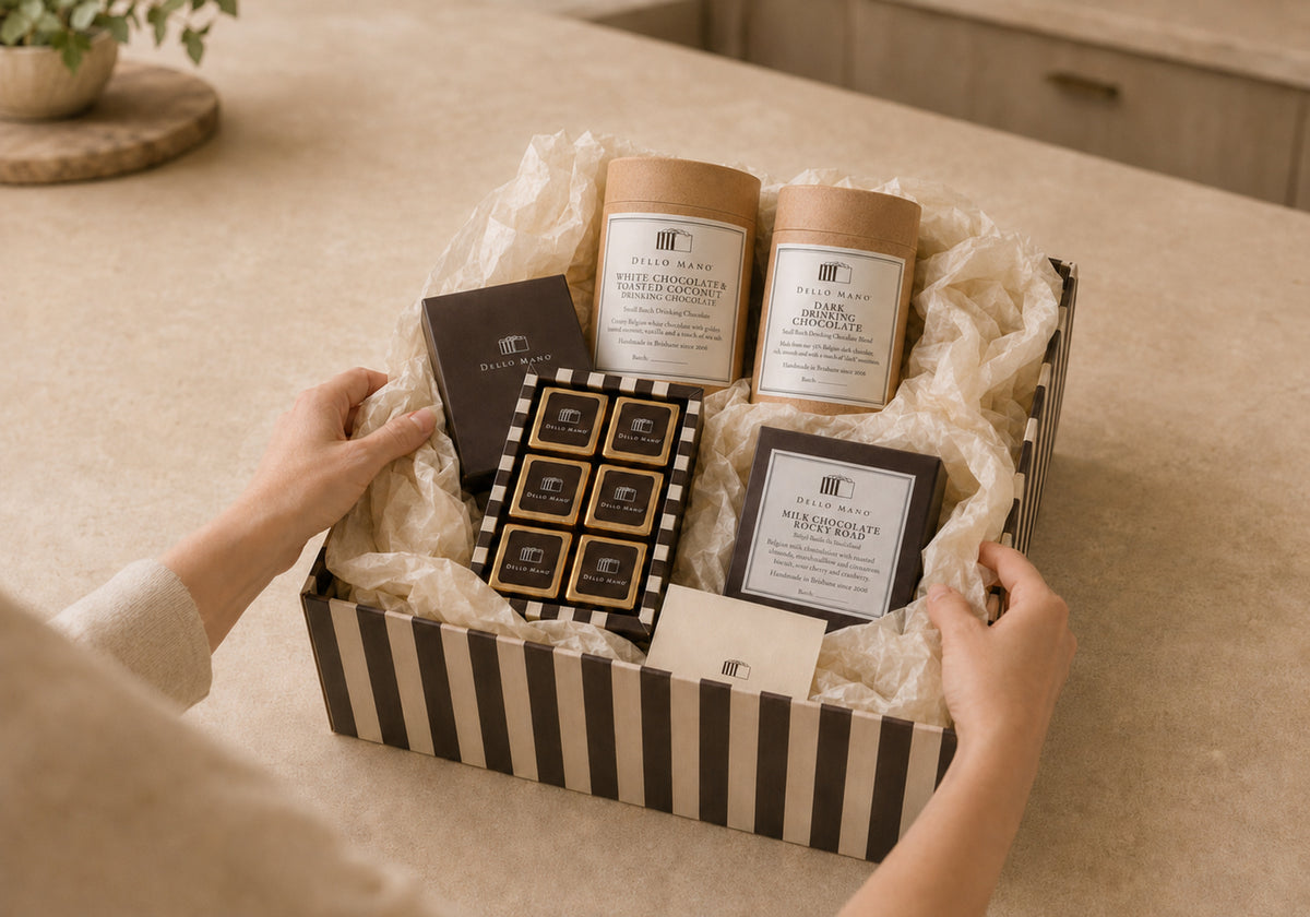 Dello Mano Chocolate Moments hamper with White Chocolate and Toasted Coconut Drinking Chocolate, brownies and Rocky Road.