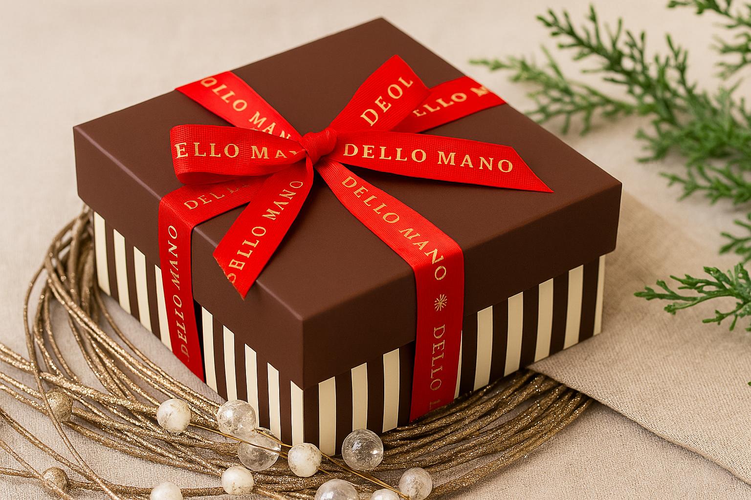 Dello Mano Christmas brownie gift box wrapped in a red ribbon, placed on a natural linen background with festive greenery and gold decorations.