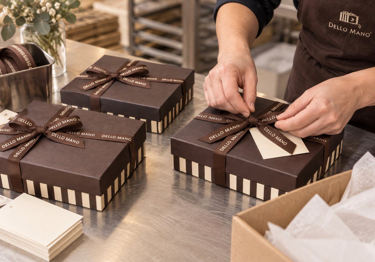 Representing the Dello Mano team member preparing Christmas brownie gift boxes for multiple recipients at the packing bench.