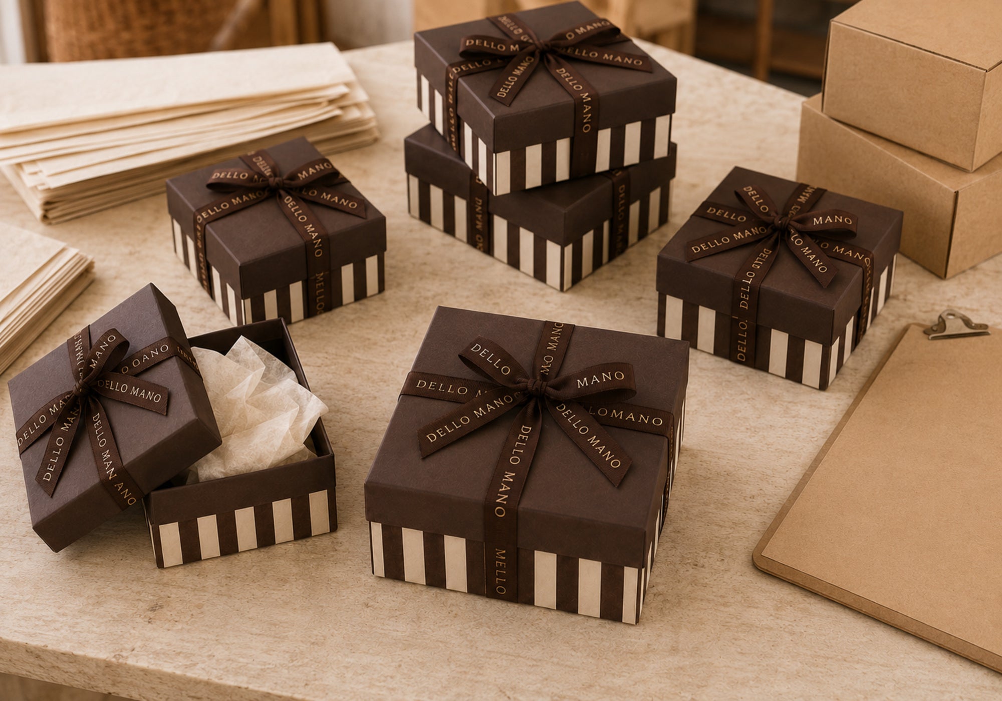 Multiple ribboned Dello Mano corporate gift boxes prepared for Australia-wide dispatch.