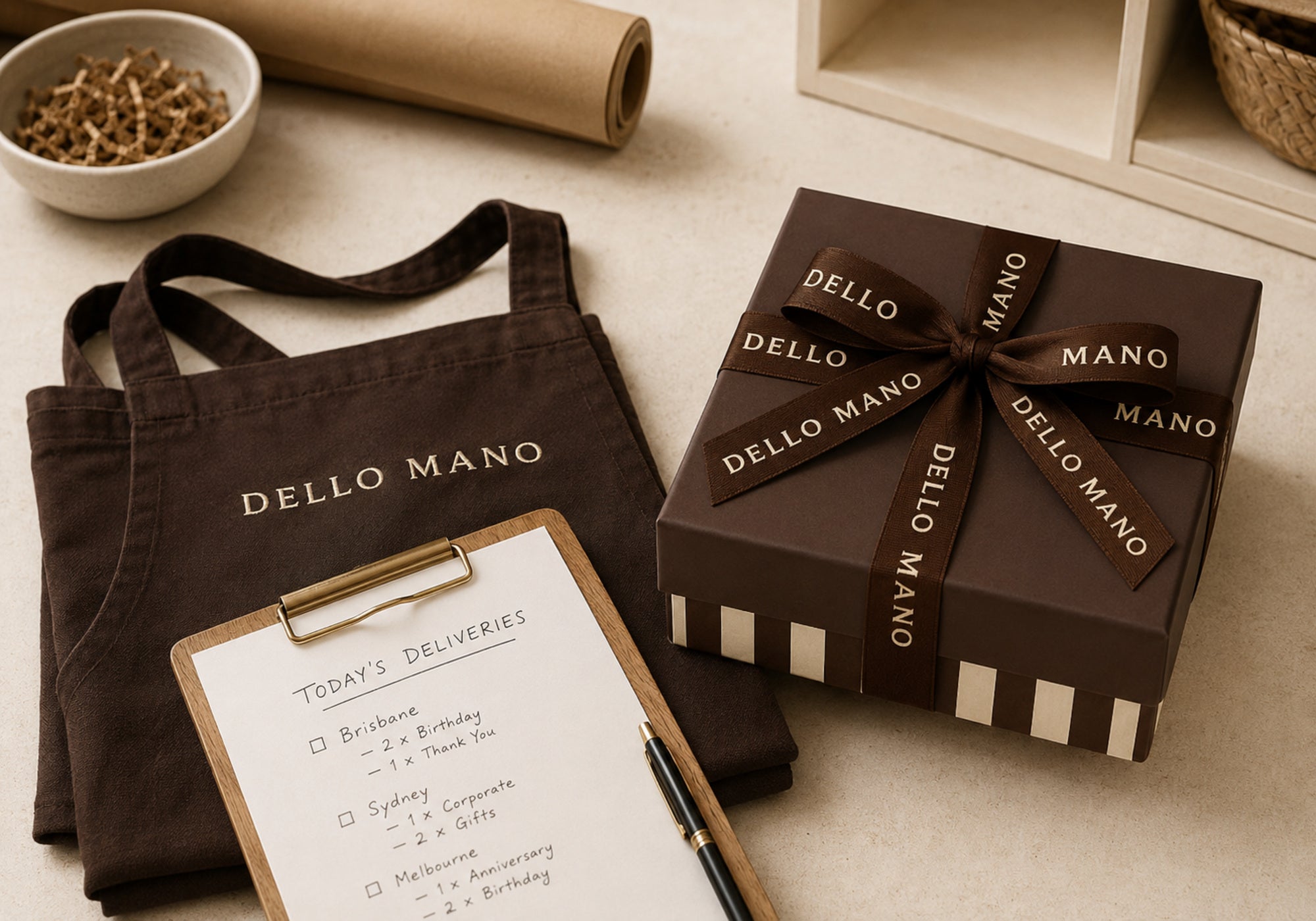 Dello Mano brownie gift box with branded ribbon, brown apron and delivery checklist ready for Australia-wide delivery