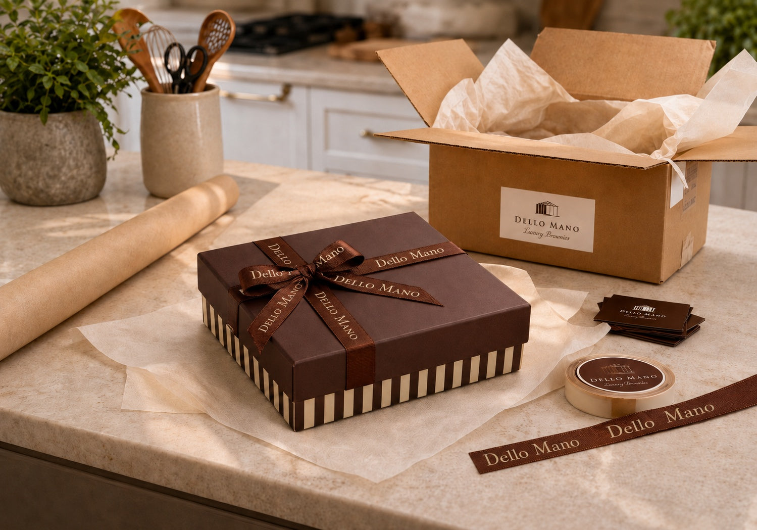 Dello Mano brownie gift box tied with branded ribbon beside tissue paper and an open shipping carton, prepared for delivery.