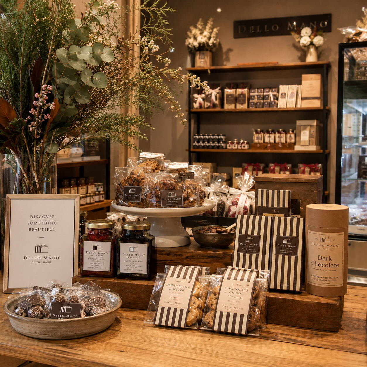 Styled Dello Mano product display with preserves, biscuits, chocolates and drinking chocolate arranged on a warm wooden table with flowers and shelving in the background.