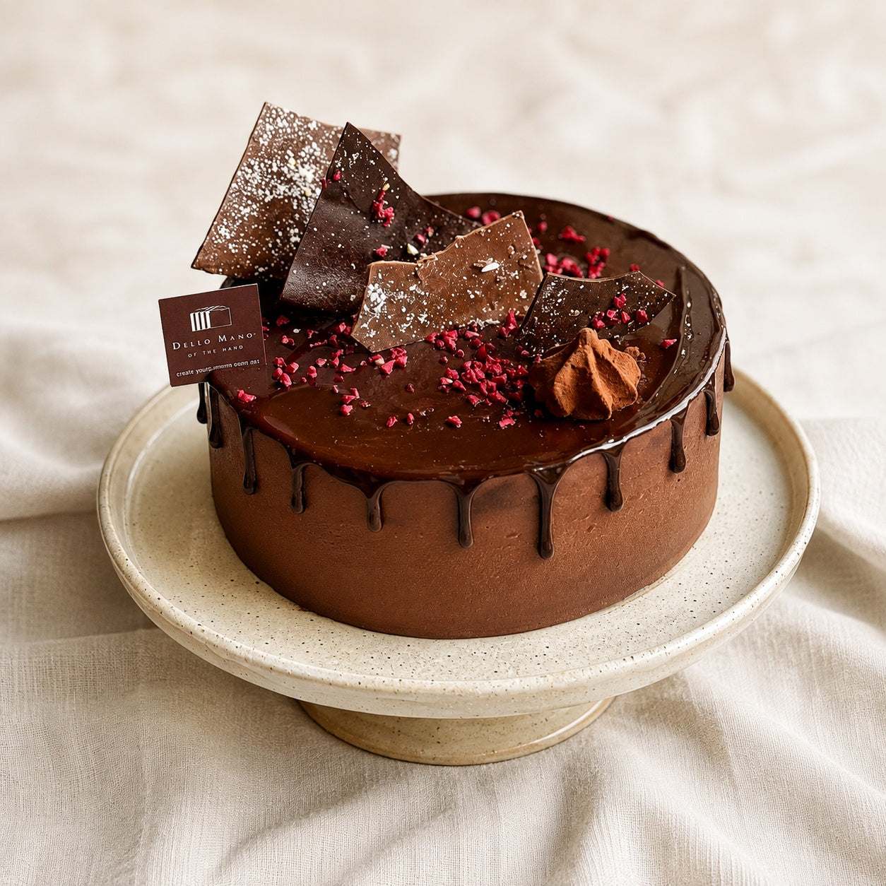 Dello Mano Divine Belgian Chocolate Mousse Cake with Belgian chocolate ganache and handmade chocolate garnish