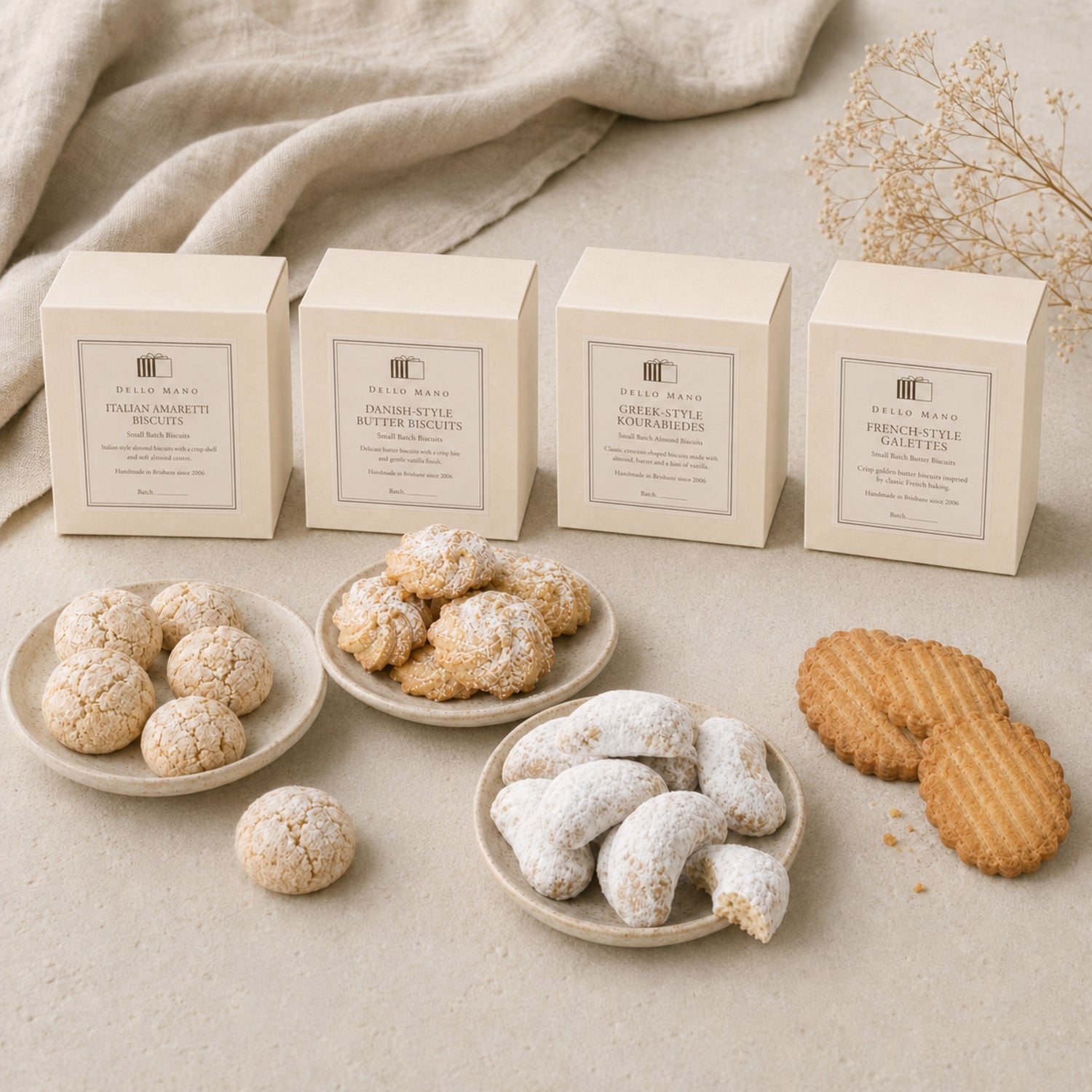Four handmade European-style biscuits from Dello Mano, including Italian amaretti, Danish-style butter biscuits, Greek-style kourabiedes and French-style galettes.