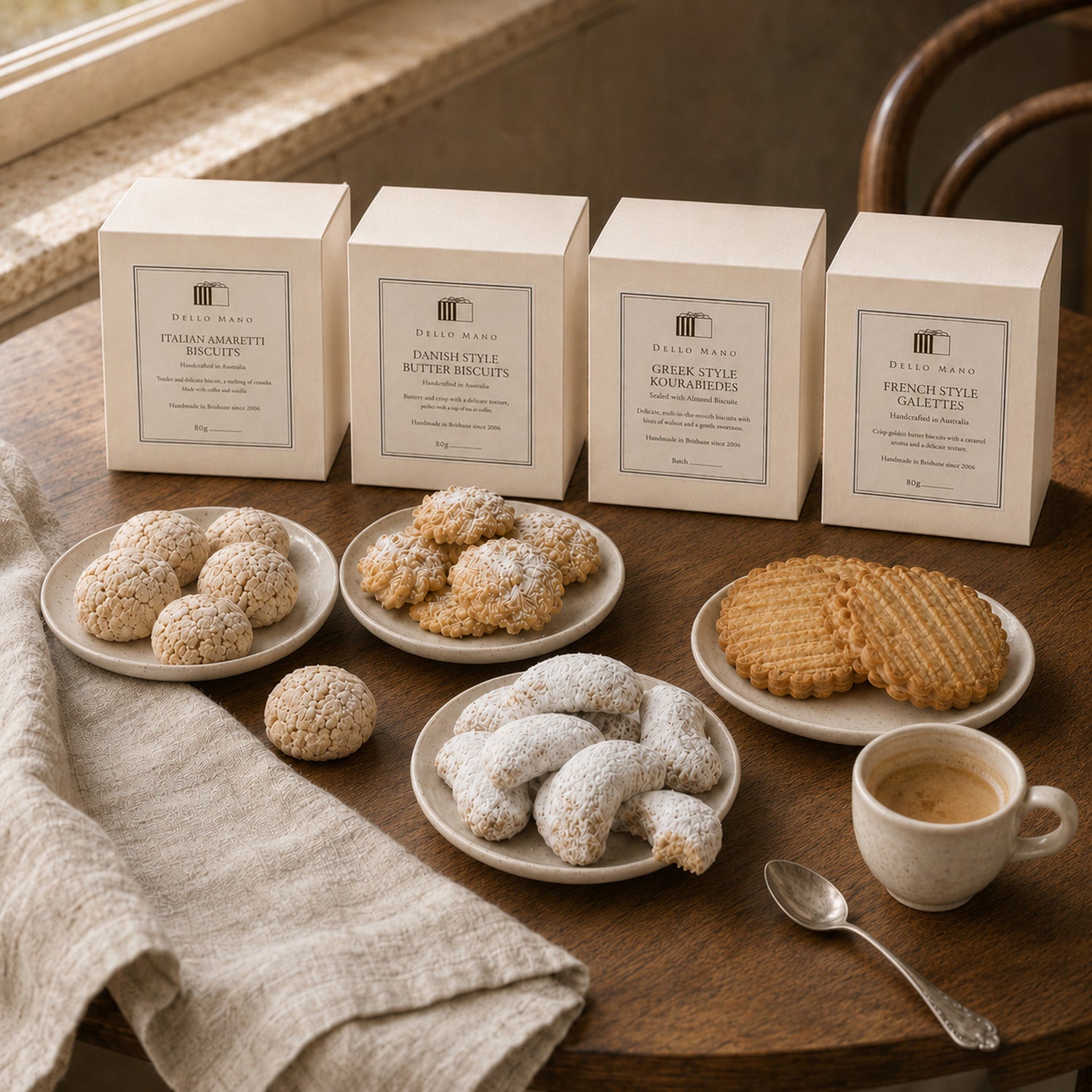 Dello Mano European biscuit collection with handmade amaretti, Danish butter biscuits, Greek kourabiedes and French galettes.