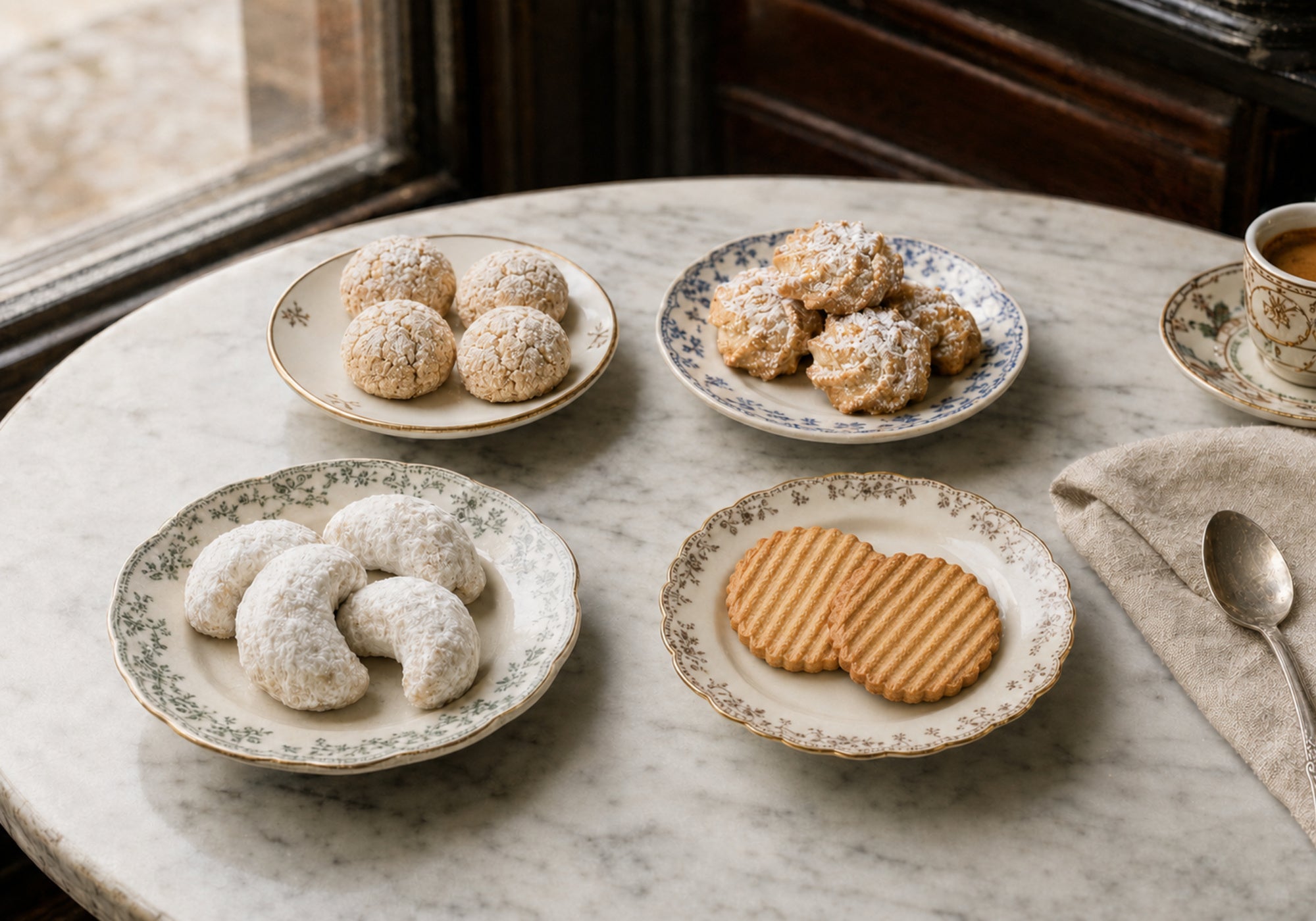 Four Dello Mano European-inspired biscuits styled for arrangement on vintage café plates: Italian Amaretti, Danish Butter Biscuits, Greek-Style Kourabiedes and French-Style Galettes.
