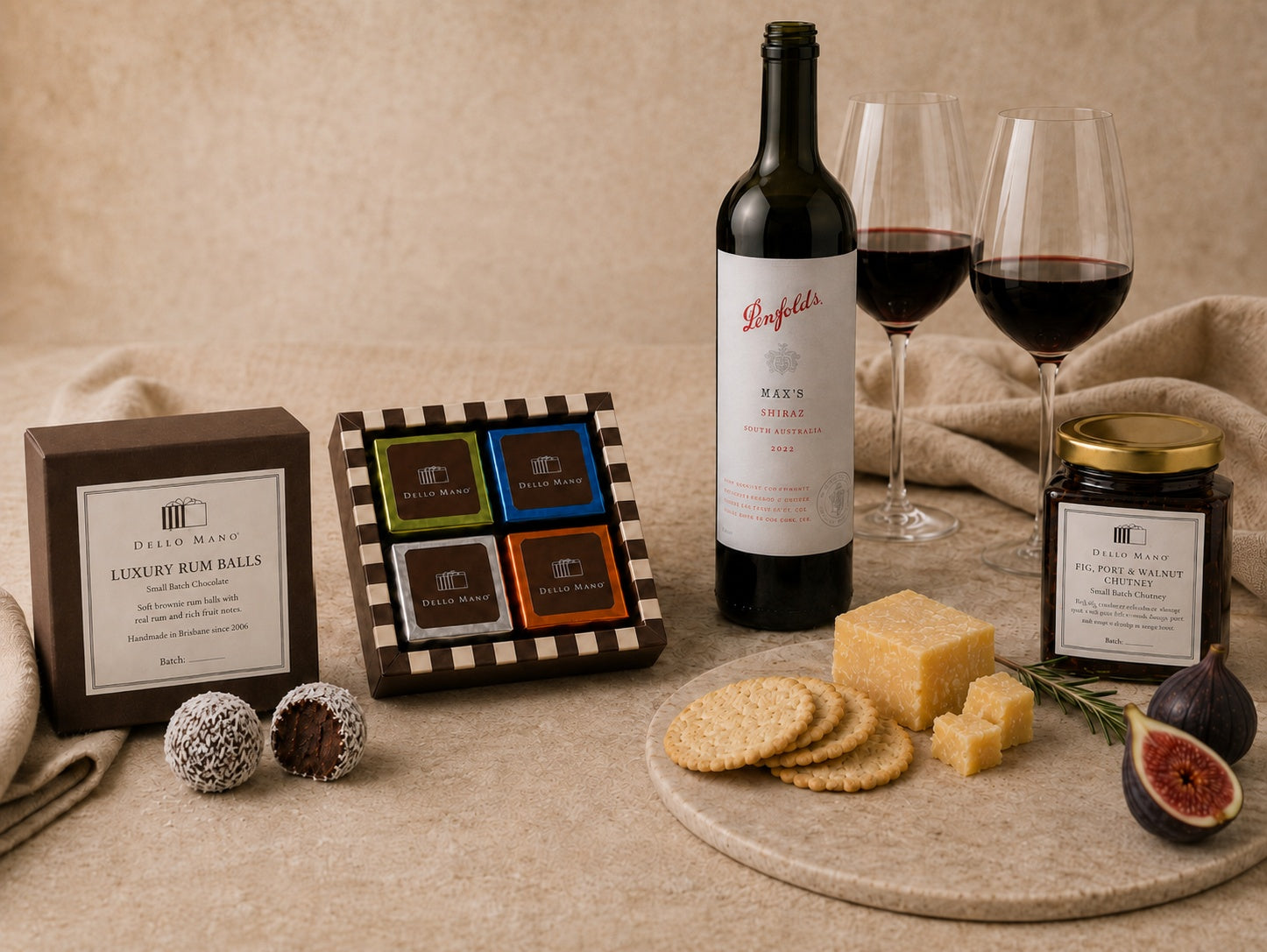 Dello Mano Father’s Day gift scene with Penfolds Max’s Shiraz, brownie gift box, Luxury Rum Balls, Fig Port & Walnut Chutney, cheese, crackers and fresh figs.