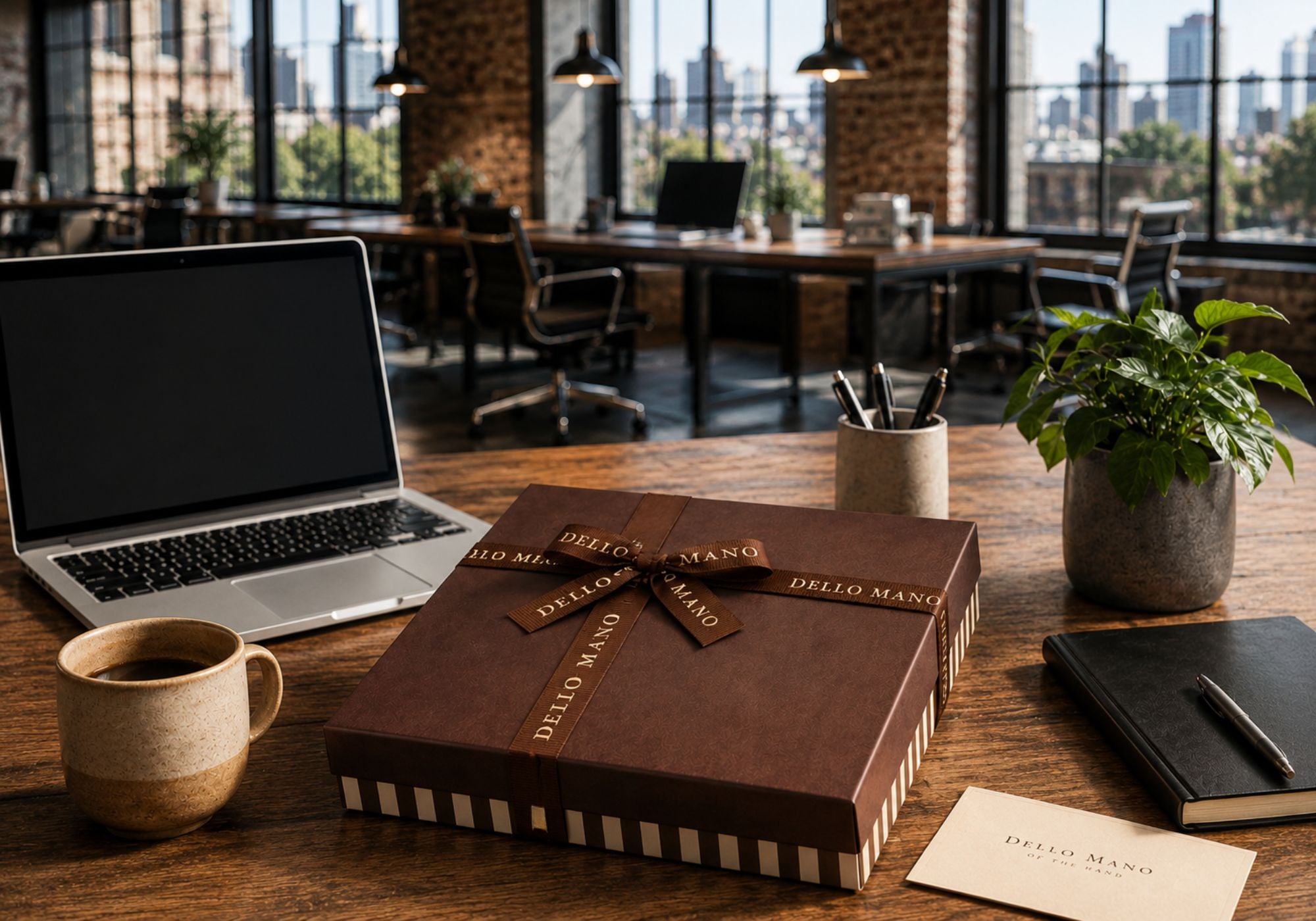 Dello Mano corporate gift box with signature ribbon on a modern warehouse-style office desk beside a laptop, notebook, coffee cup and city view.